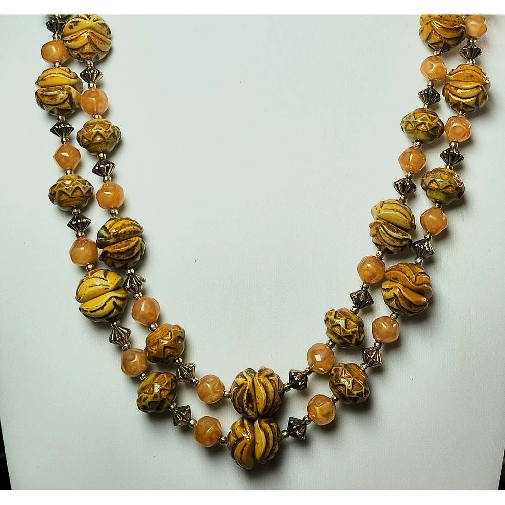 Vintage Multistrand Hong Kong Honey Amber Plastic Beaded Necklace Box Clasp
